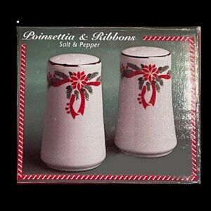 VINTAGE POINSETTIA & RIBBONS HOLIDAY SALT AND PEPPER SHAKER SET NWT